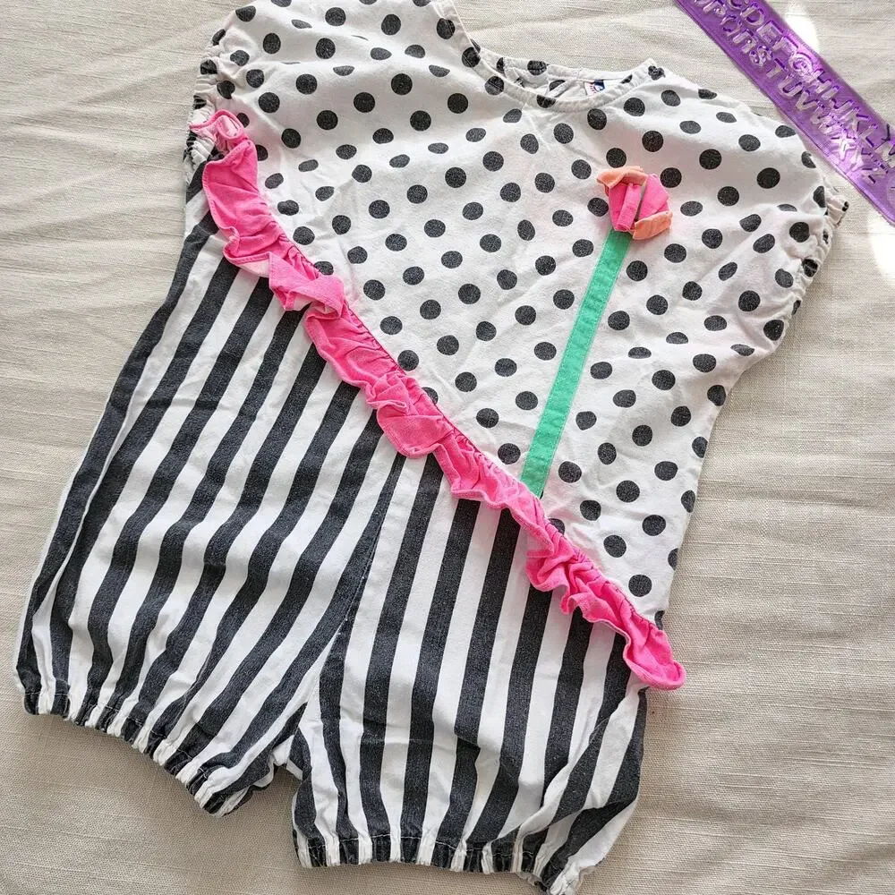 Vintage Polka Dot Stripe Constrast Romper 24 months